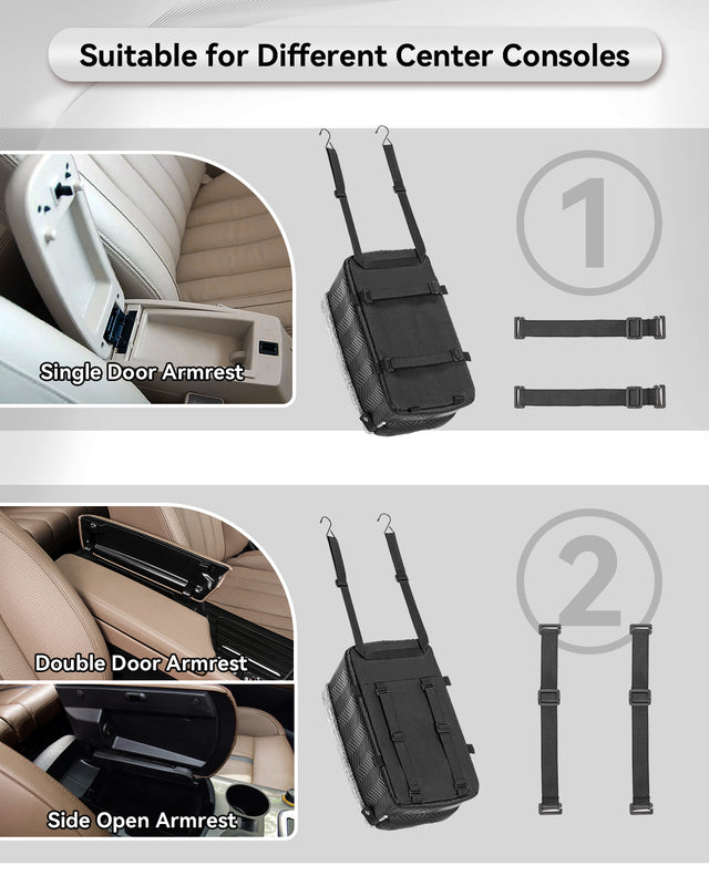 Fit chart for single-door and double-door armrests shows strap layouts for securely mounting the dog car seat on consoles.