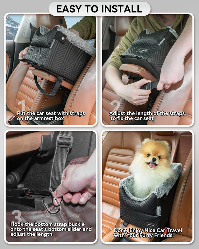Four-step install demo shows placing, tightening straps, hooking base anchor, and finishing setup for secure pet car travel.