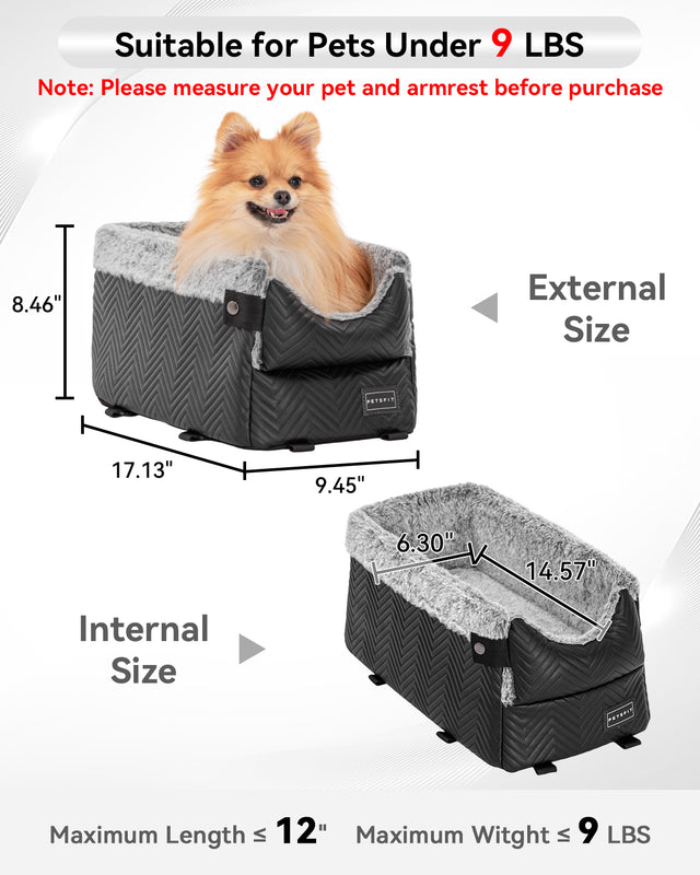 Size guide shows console dog car seat dimensions and inner space, recommended for pets under 9 lbs and up to 12 inches long.