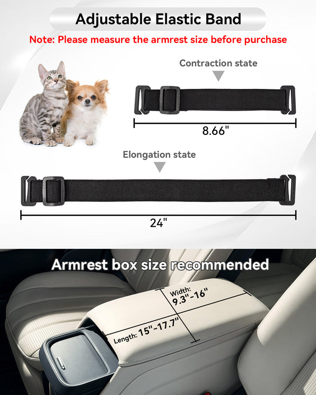 Adjustable elastic band stretches from 8.66 to 24 inches, with recommended armrest dimensions for a stable console dog car seat fit.