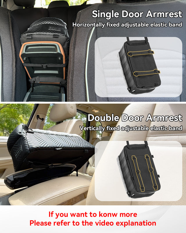Comparison shows horizontal and vertical strap setups for single and double armrest designs to stabilize the console dog car seat.