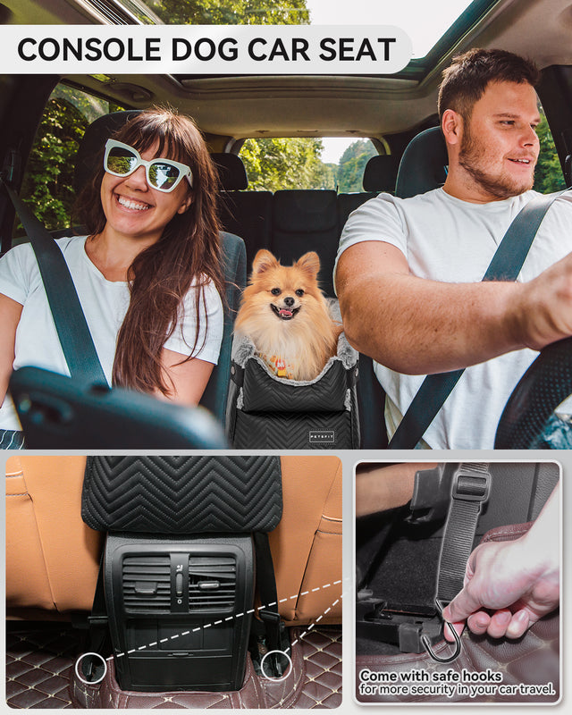 Couple drives with small dog centered in a console dog car seat, while lower panels highlight anchor hooks for added stability.