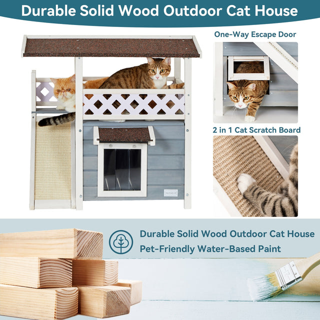 PETSFIT outdoor cat house durable solid wood construction showing PVC curtain door, raised bottom, asphalt shingle roof, and weather resistant painting with material callouts
