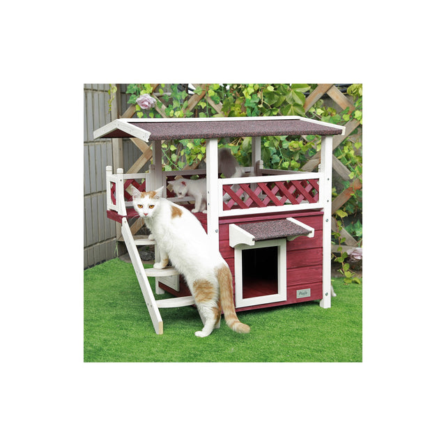 Tabby cat sleeping comfortably inside PETSFIT outdoor wooden cat house on soft bedding with transparent PVC curtain door open, cozy indoor warmth setting