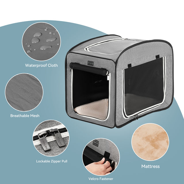 Feature layout highlights waterproof fabric, breathable mesh, lockable zipper pulls, Velcro door straps, and soft inner mattress.