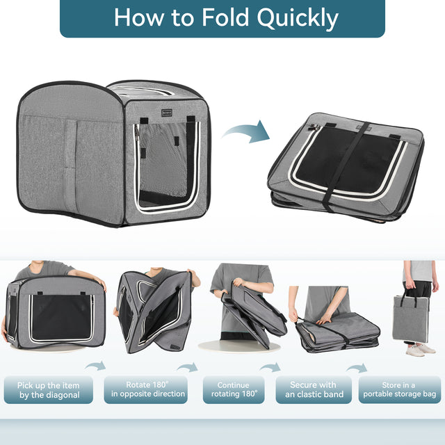 Folding instructions illustrate diagonal hold, two 180-degree twists, elastic band wrap, and compact carry for storage.