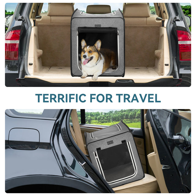 Gray travel dog crate fits in SUV cargo area and back seat, with a corgi inside to show road trip friendly placement.