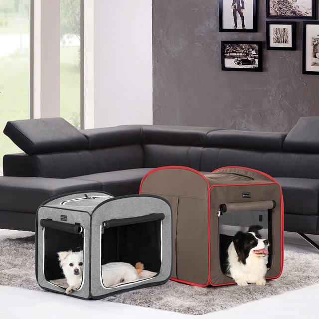 Two soft dog crate color options in a modern living room, each with a dog resting inside on a cozy floor rug.