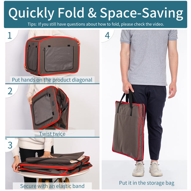 Step-by-step folding guide shows twisting the crate flat, securing with band, then carrying it in a slim storage bag.