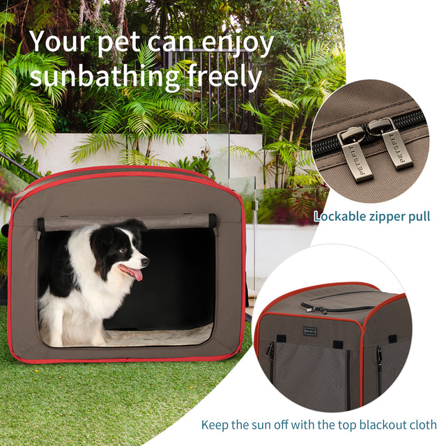Outdoor setup shows a dog relaxing in a brown travel dog crate, with lockable zippers and top blackout panel callouts.
