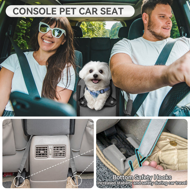 PETSFIT console dog car seat feature diagram showing non-slip base, adjustable safety leash, padded cushion and mesh ventilation