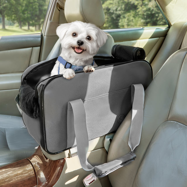 PETSFIT gray console dog car seat installed between front seats with Chihuahua sitting inside, showing main product view and foldable design