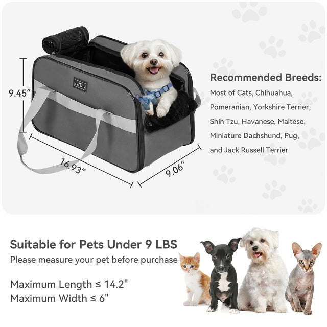PETSFIT console dog car seat showing two large side storage pockets and built-in waste bag dispenser opening