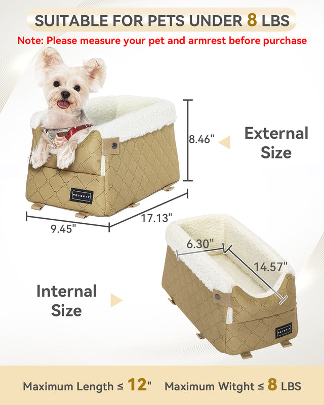 Size chart showing tan console dog car seat with a Yorkie inside, external 17.13 x 9.45 x 8.46 in and 8 lb weight limit