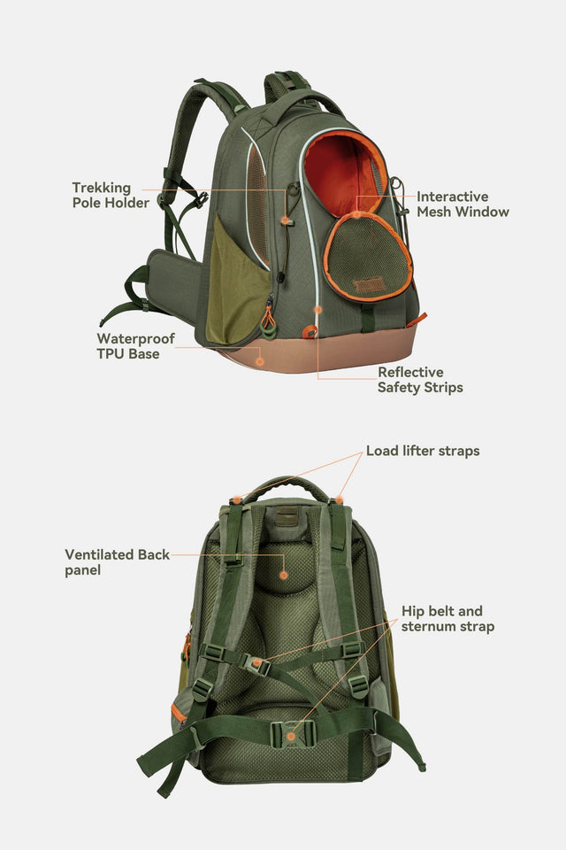 PETSFIT WILDPATH multi-compartment hiking pet carrier backpack mobile feature callout showing front view with trekking pole holder, interactive mesh window, waterproof TPU base, reflective safety strips, and rear view with load lifter straps, ventilated back panel, hip belt and sternum strap