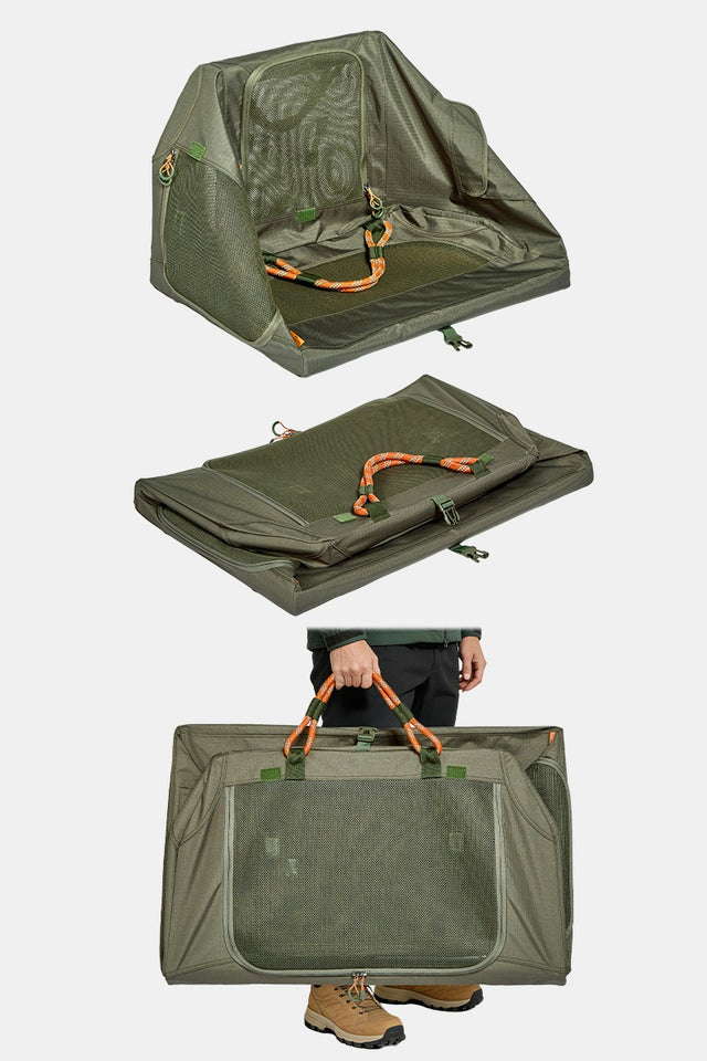 PETSFIT WILDPATH soft travel dog crate vertical view showing three modes: open angled, flat folded, and carry with orange rope handle, army green fabric