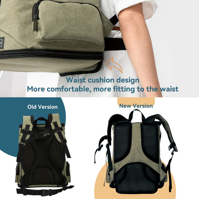 PETSFIT soft pet backpack carrier olive green waist cushion design comparison showing old version vs new version with improved back panel padding and ergonomic straps