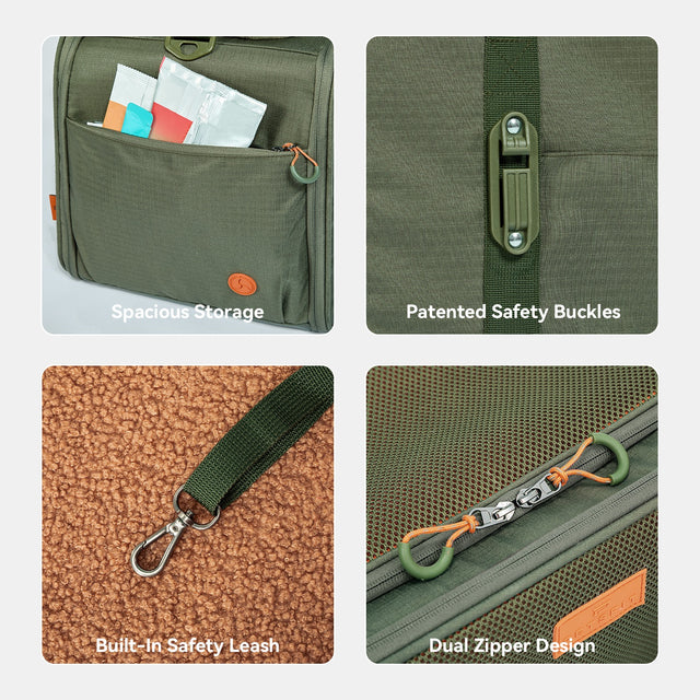 PETSFIT WILDPATH pet travel carrier feature callout showing spacious storage pocket, patented safety buckles, built-in safety leash clip, and dual zipper design close-ups