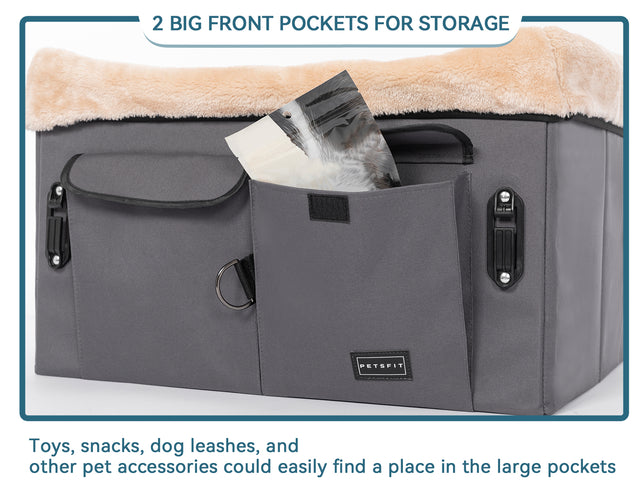 PETSFIT dog booster car seat showing 2 large front pockets for storage with dog treats, leash and accessories, with fleece cushion on top