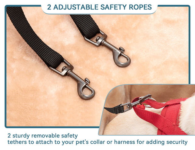 Two adjustable safety tethers with metal clips attach to a harness, helping keep pets secure inside the booster seat.