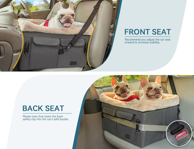 Dog car seat shown installed in both front and back seats, with safety strap and buckle placement for a steadier ride.