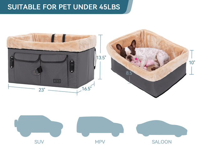 Dimension guide shows a roomy booster seat for dogs under 45 lbs, fitting SUVs, MPVs, and sedans with cushioned walls.