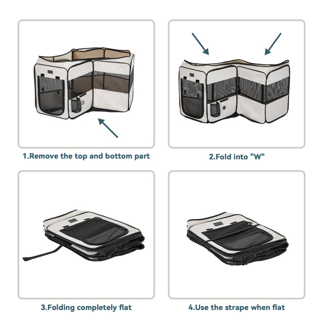 4-step folding instructions for PETSFIT pop-up dog playpen — remove top and bottom, fold into W shape, fold flat with carrying strap