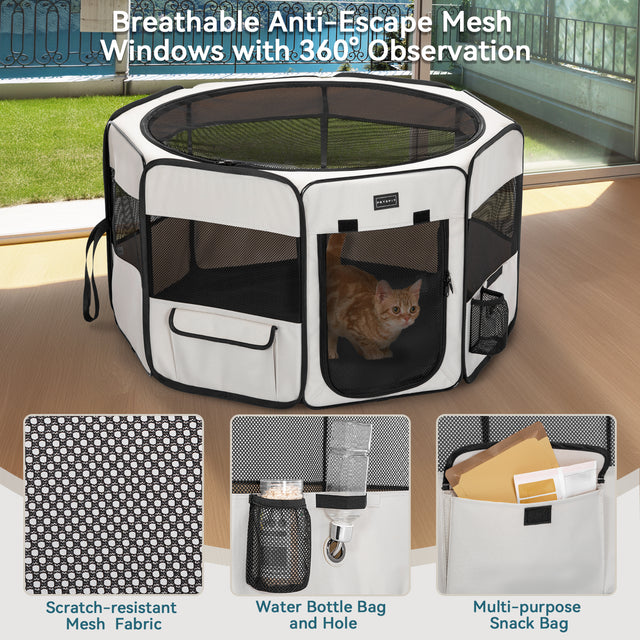 PETSFIT beige dog playpen breathable anti-escape mesh windows with 360 degree observation — cat inside with water bottle bag and snack bag detail