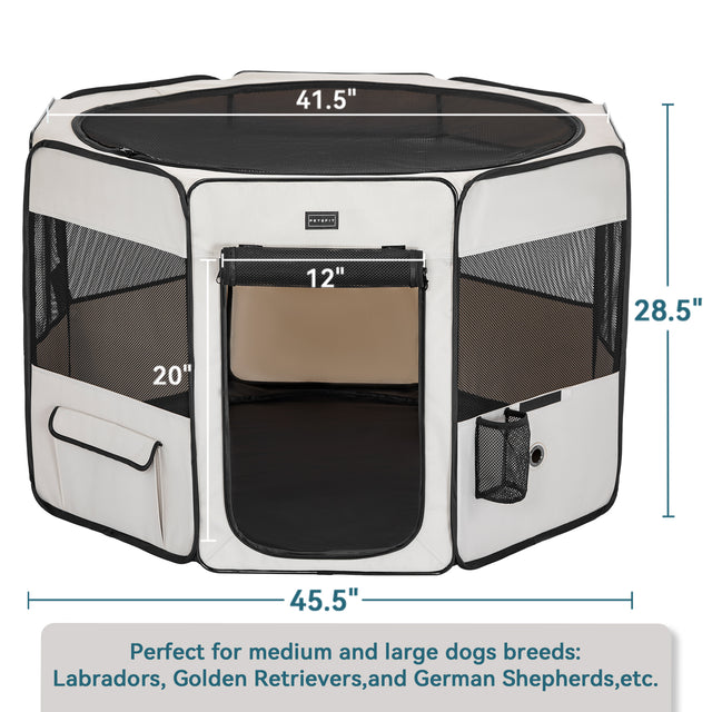PETSFIT beige dog playpen size chart showing 45.5 inch diameter 28.5 inch height with door dimensions — perfect for Labradors and German Shepherds