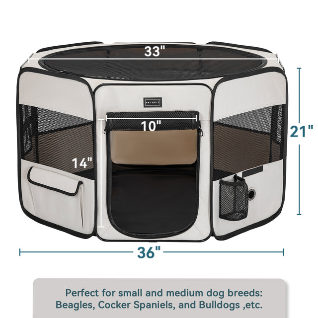 PETSFIT beige dog playpen size chart showing 36 inch diameter 21 inch height with 14 inch door — fits small medium breeds Beagles Cocker Spaniels Bulldogs