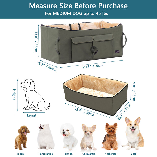 Size guide shows this dog booster seat dimensions and fit for medium dogs up to 45 lbs, with inner and outer measurements.