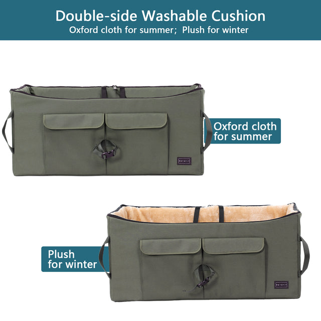 Dog car seat highlights reversible cushion options, with cool Oxford cloth for summer and warm plush lining for winter rides.