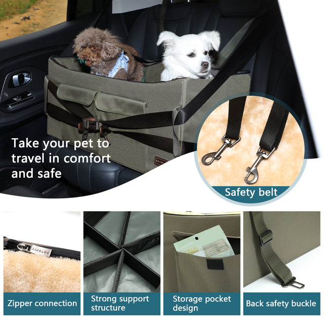 Installed booster seat for dogs on a back seat with crossed straps, safety clips, zipper edge, support frame, and storage pockets.