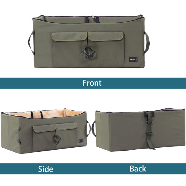 Multi-angle view of the dog booster seat shows front storage pockets, side carry handles, and rear safety strap attachment.