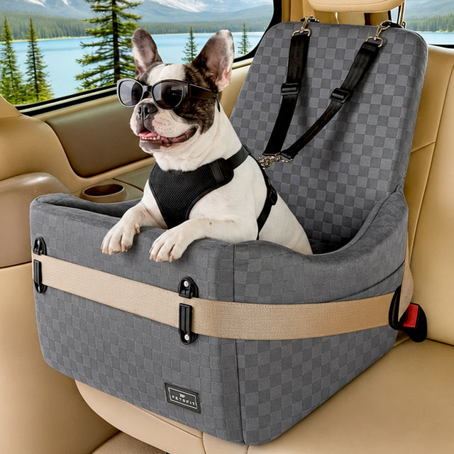 PETSFIT memory foam dog booster car seat in dark gray with checkered texture pattern, available in USA