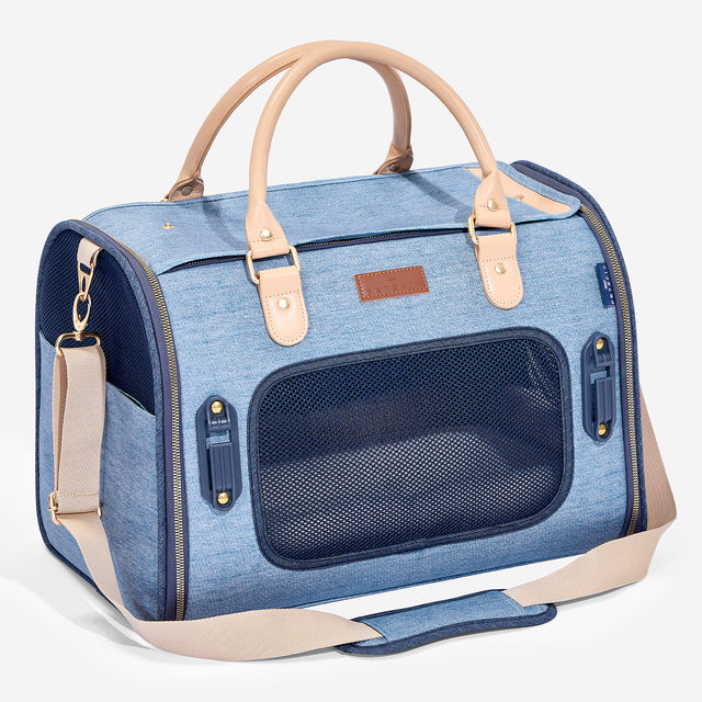 Petsfit fashionable denim pet backpack with bubble window and adjustable straps, stylish carrier for small dogs and cats