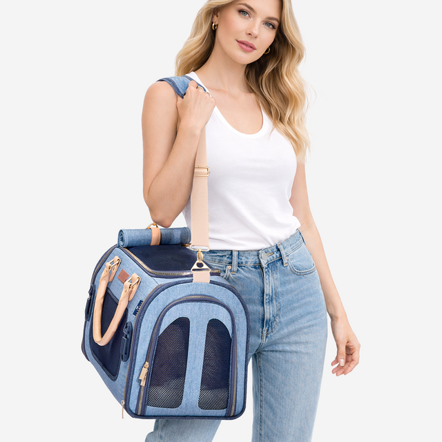 Stylish Petsfit denim pet backpack perfect for city commuting, travel, and daily adventures with your pet