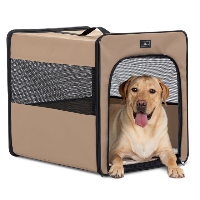 A soft brown Petsfit indoor dog bed placed in a cozy home corner