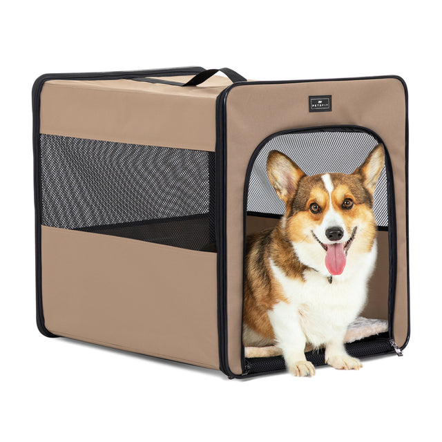 A soft brown Petsfit indoor dog bed placed in a cozy home corner