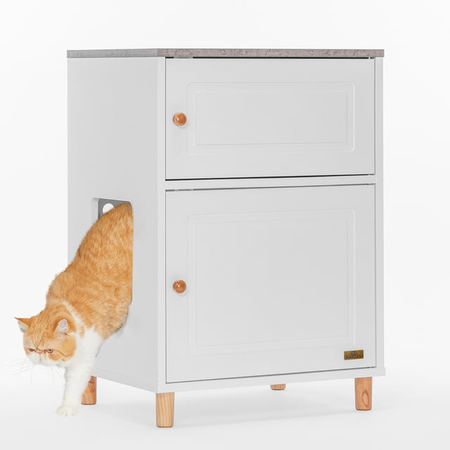 A cat exiting the Petsfit hidden litter box cabinet through the private entrance, providing pet privacy