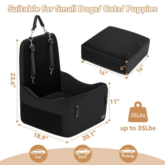 PETSFIT memory foam dog booster seat front view with 20.1x18.9x23.6-in dimensions and detachable cushion shown separately