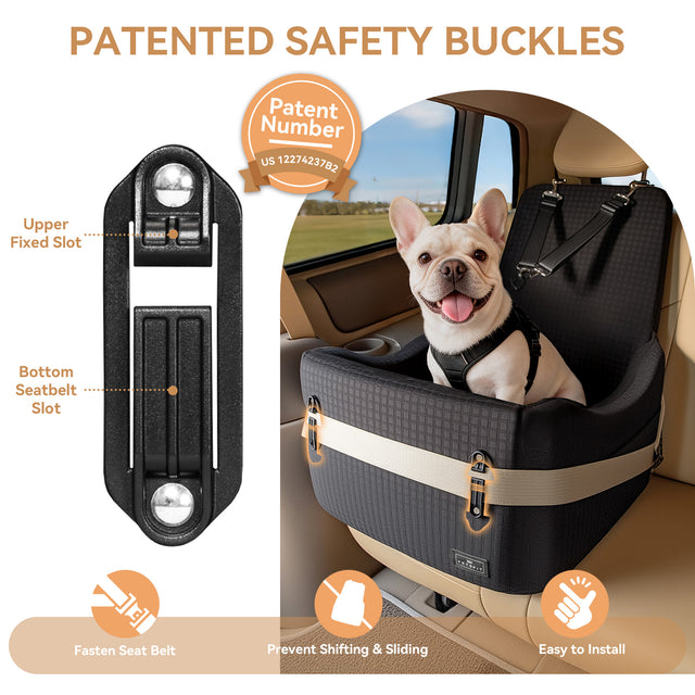 Close-up of patented PETSFIT safety buckle with seat belt slot, and French Bulldog in seat showing secure installation