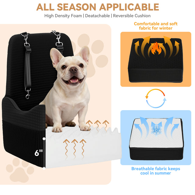 French Bulldog in PETSFIT dog car seat with cutaway view of 6-inch memory foam cushion and reversible fleece-to-mesh pad