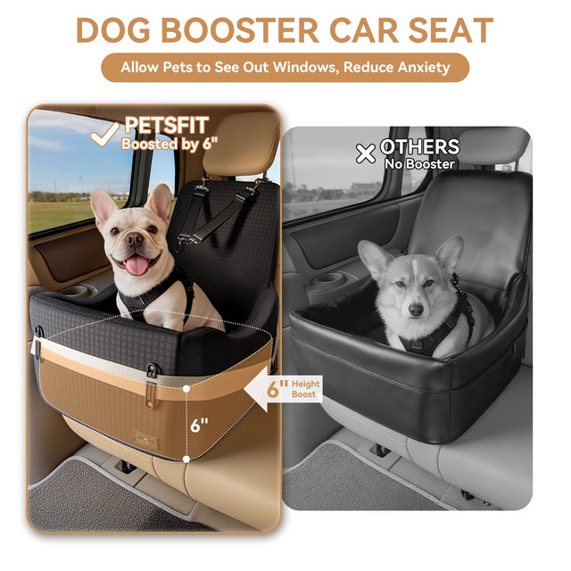 Side-by-side showing French Bulldog elevated 6 inches in PETSFIT dog booster seat vs. lower unaided position on rear seat