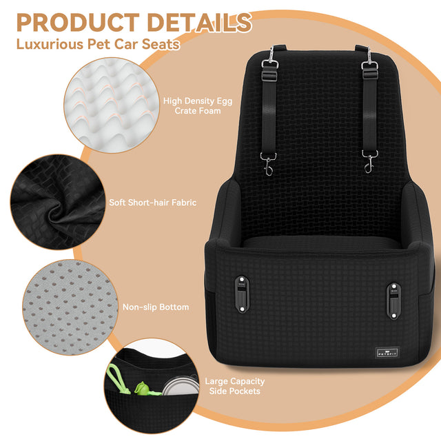 PETSFIT memory foam dog booster seat front view with detail insets showing egg-crate foam, fabric texture, non-slip base, and side pocket