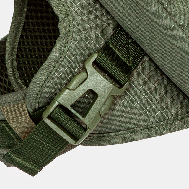 Close-up of an olive side-release buckle and stitched webbing on the harness body, showing reinforced seams and mesh edge trim.