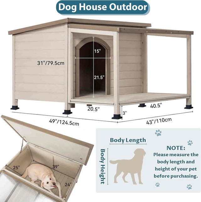 Dimension guide for an outdoor dog house showing entry size, overall footprint, and interior space with roof-open cleaning view.