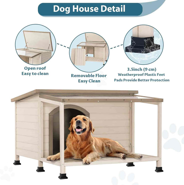 PETSFIT Luxury Outdoor Dog House For Large With Extra-Large Porch Cabin Style - Pet Supplies