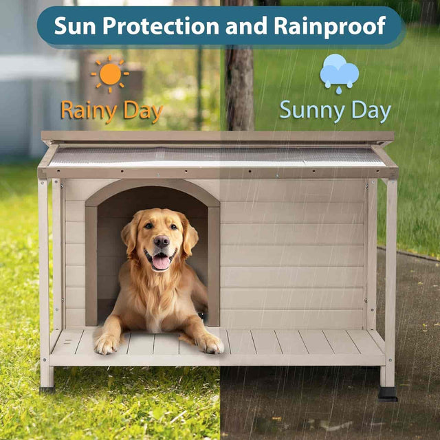 Split backyard scene shows weatherproof dog house performance in sun and rain, with a golden retriever resting inside.