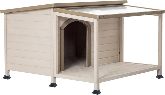 Empty wooden dog house angled view shows slanted roof, enclosed sleeping area, and spacious covered porch on raised feet.